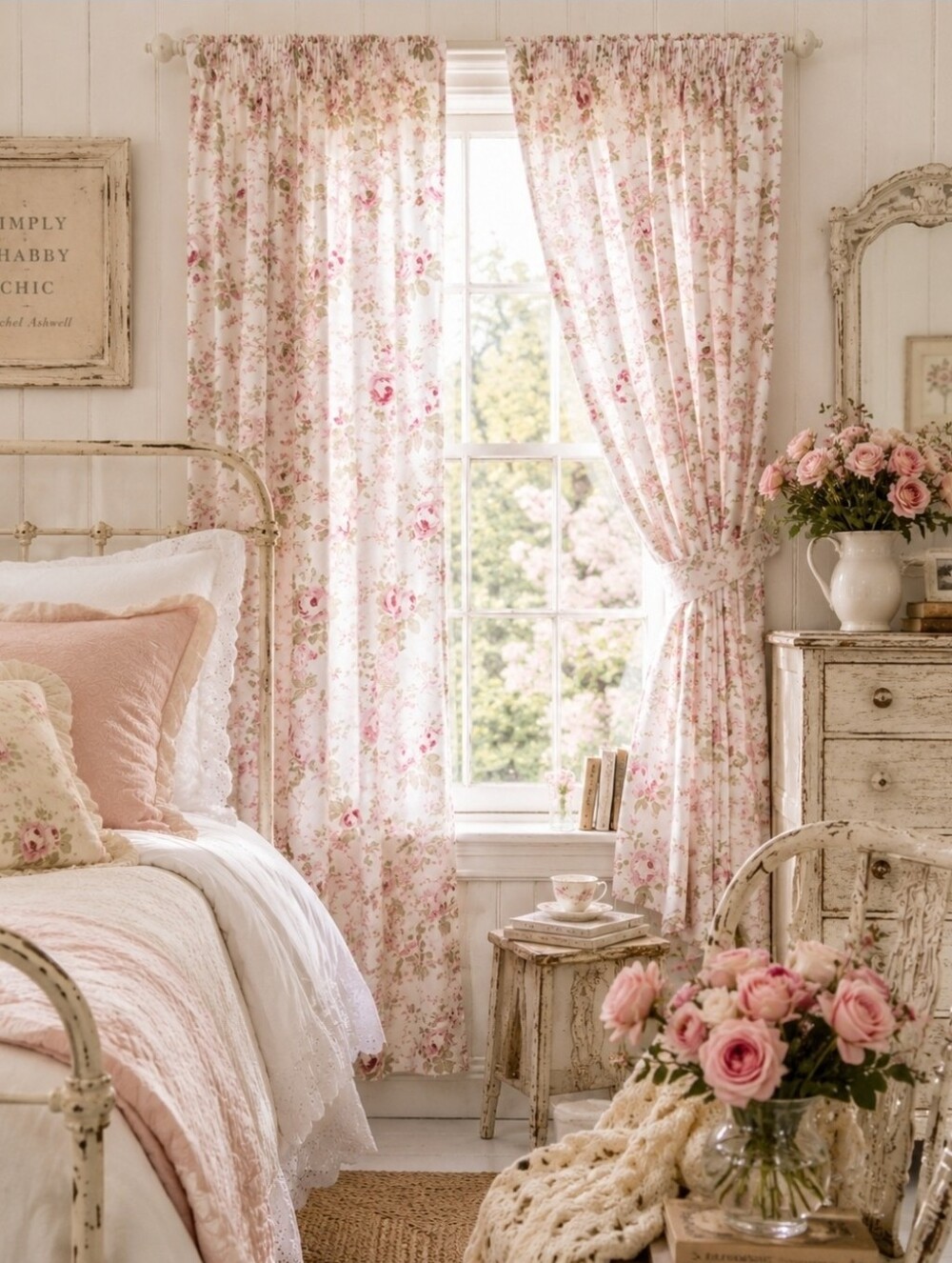 VTG Rachel Ashwell Simply Shabby Chic Pink Rose Floral Curtain Panel 84x54 NIP